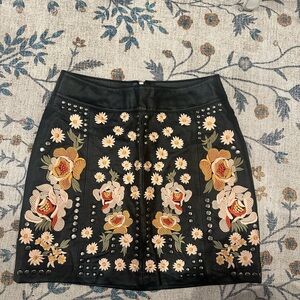 Free People Black Embroidered Faux Leather Mini Skirt